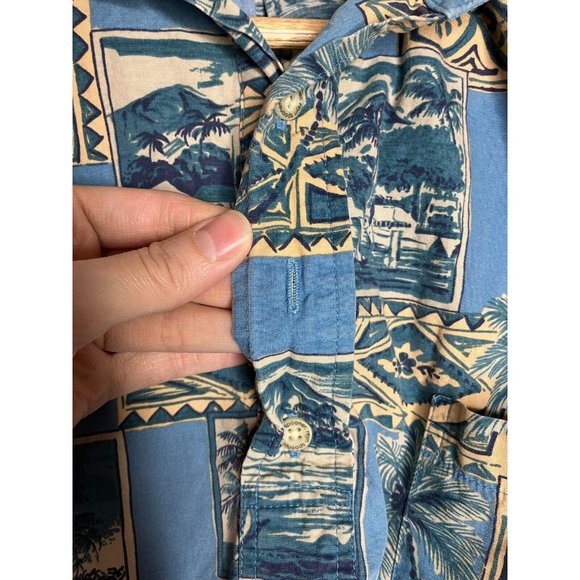 Vintage Reyn Spooner Men's Small Pullover 1/3 Button Blue Palm Trees Shirt FLAW - Picture 7 of 11